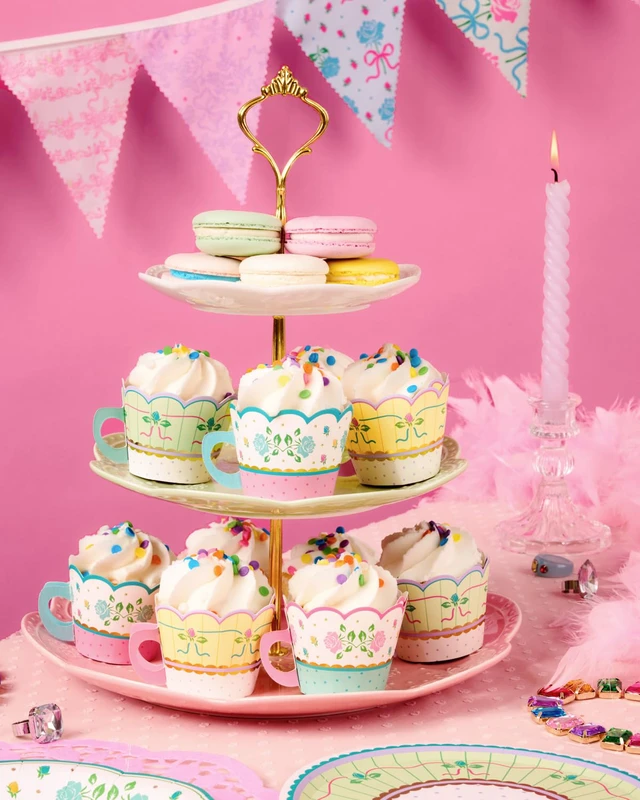 Alt view image 2 of 7 - 24pc Tea Cupcake Wrappers Set | Kids Party Garden Birthday Decor | Decorations, Easter, Spring Floral, Vintage Pastel, Bridal Shower, Gold Foil, Cupcake Holders