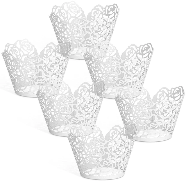 Main image of White Cupcake Wrappers, 50pcs Cupcake Liners with Rose Design Laser Cut Liners for Wedding Birthday Baby Shower Party Decorations Fancy Small Cupcake Decorations, Pearl Off-White