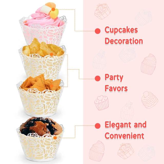 Alt view image 5 of 7 - White Cupcake Wrappers, 50pcs Cupcake Liners with Rose Design Laser Cut Liners for Wedding Birthday Baby Shower Party Decorations Fancy Small Cupcake Decorations, Pearl Off-White