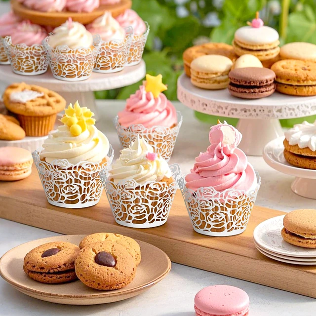 Alt view image 6 of 7 - White Cupcake Wrappers, 50pcs Cupcake Liners with Rose Design Laser Cut Liners for Wedding Birthday Baby Shower Party Decorations Fancy Small Cupcake Decorations, Pearl Off-White