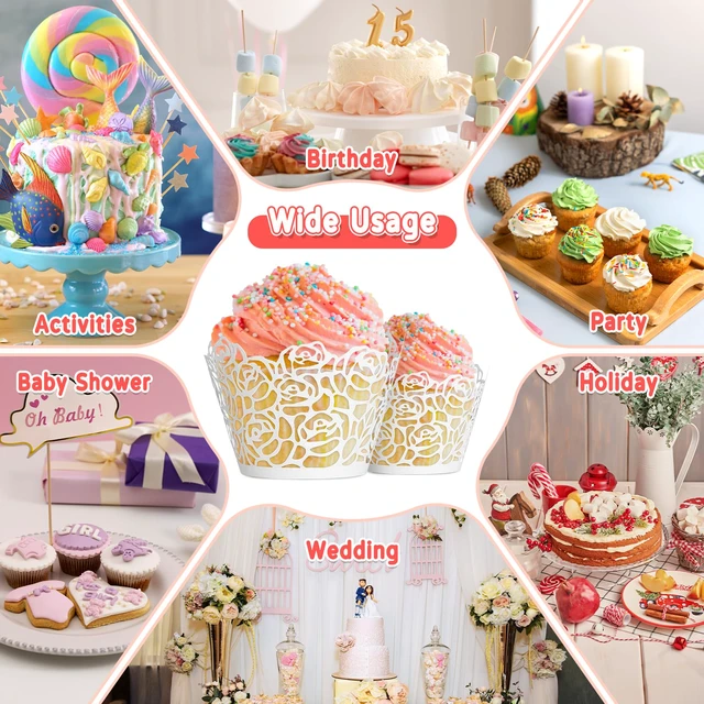 Alt view image 7 of 7 - White Cupcake Wrappers, 50pcs Cupcake Liners with Rose Design Laser Cut Liners for Wedding Birthday Baby Shower Party Decorations Fancy Small Cupcake Decorations, Pearl Off-White