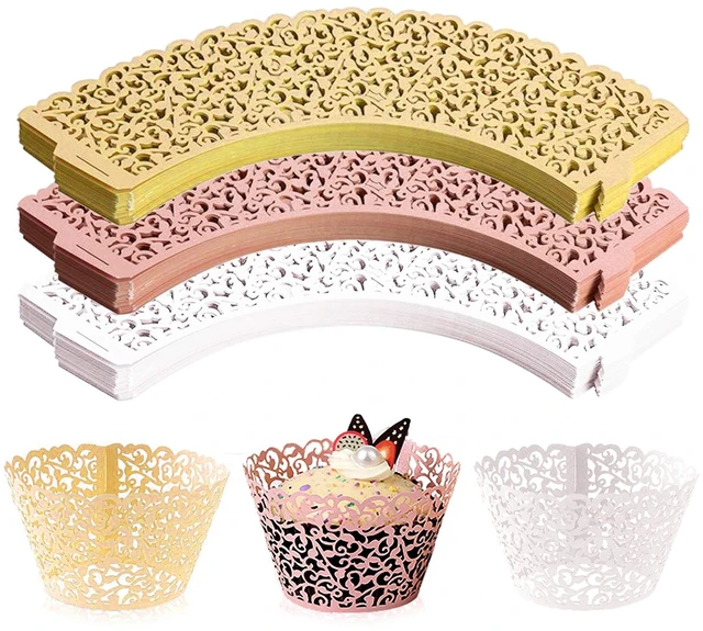 Main image of 150 Pack Cupcake Wrappers, Little Vine Lace Laser Cut Liner, Paper Baking Cups for Wedding Party Birthday Baby Showers Decoration (Gold, White, Pink)