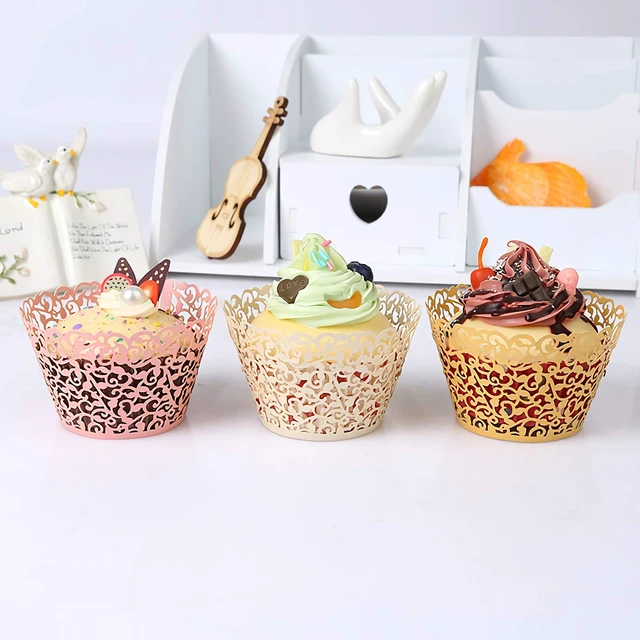 Alt view image 2 of 7 - 150 Pack Cupcake Wrappers, Little Vine Lace Laser Cut Liner, Paper Baking Cups for Wedding Party Birthday Baby Showers Decoration (Gold, White, Pink)