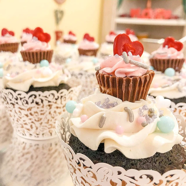 Alt view image 5 of 7 - 150 Pack Cupcake Wrappers, Little Vine Lace Laser Cut Liner, Paper Baking Cups for Wedding Party Birthday Baby Showers Decoration (Gold, White, Pink)