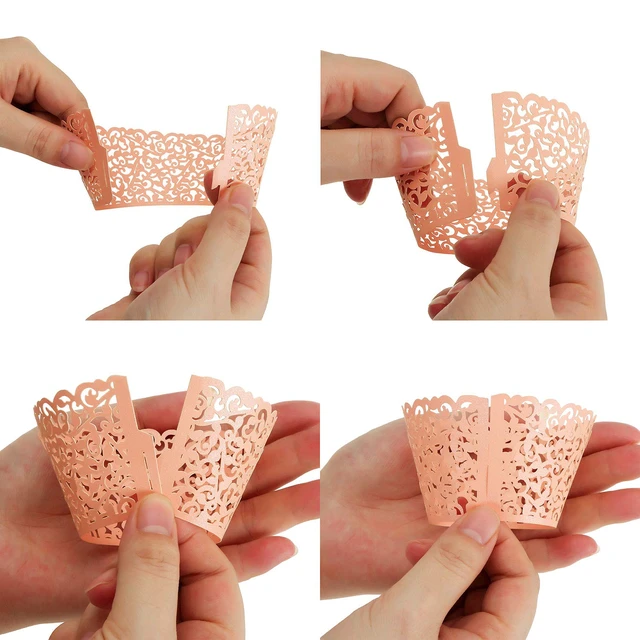 Alt view image 7 of 7 - 150 Pack Cupcake Wrappers, Little Vine Lace Laser Cut Liner, Paper Baking Cups for Wedding Party Birthday Baby Showers Decoration (Gold, White, Pink)
