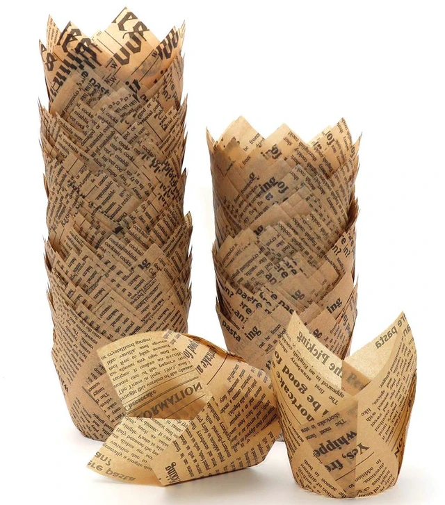 Main image of 150pcs Tulip Cupcake Liners Baking Cups Muffin Liner | Grease-Proof Paper Cupcake Wrappers for Wedding, Birthday Party, Standard Size (Natural Newspaper Printed)