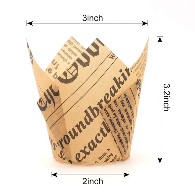 Alt view image 2 of 7 - 150pcs Tulip Cupcake Liners Baking Cups Muffin Liner | Grease-Proof Paper Cupcake Wrappers for Wedding, Birthday Party, Standard Size (Natural Newspaper Printed)