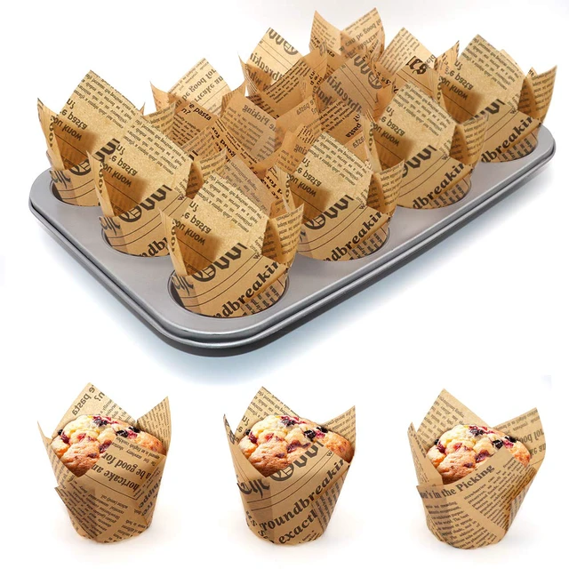 Alt view image 7 of 7 - 150pcs Tulip Cupcake Liners Baking Cups Muffin Liner | Grease-Proof Paper Cupcake Wrappers for Wedding, Birthday Party, Standard Size (Natural Newspaper Printed)