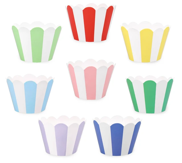 Main image of 48Pcs Colorful Striped Cupcake Wrappers Paper Cupcake Liners Scalloped Dessert Holders for Birthday Baby Shower Wedding Party Supplies, 8 Designs