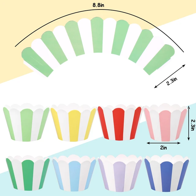 Alt view image 2 of 7 - 48Pcs Colorful Striped Cupcake Wrappers Paper Cupcake Liners Scalloped Dessert Holders for Birthday Baby Shower Wedding Party Supplies, 8 Designs