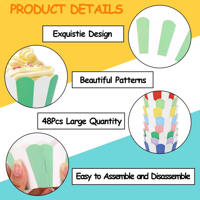 Alt view image 3 of 7 - 48Pcs Colorful Striped Cupcake Wrappers Paper Cupcake Liners Scalloped Dessert Holders for Birthday Baby Shower Wedding Party Supplies, 8 Designs