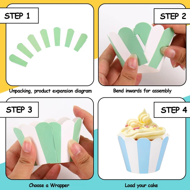 Alt view image 4 of 7 - 48Pcs Colorful Striped Cupcake Wrappers Paper Cupcake Liners Scalloped Dessert Holders for Birthday Baby Shower Wedding Party Supplies, 8 Designs