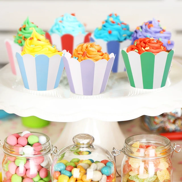 Alt view image 5 of 7 - 48Pcs Colorful Striped Cupcake Wrappers Paper Cupcake Liners Scalloped Dessert Holders for Birthday Baby Shower Wedding Party Supplies, 8 Designs