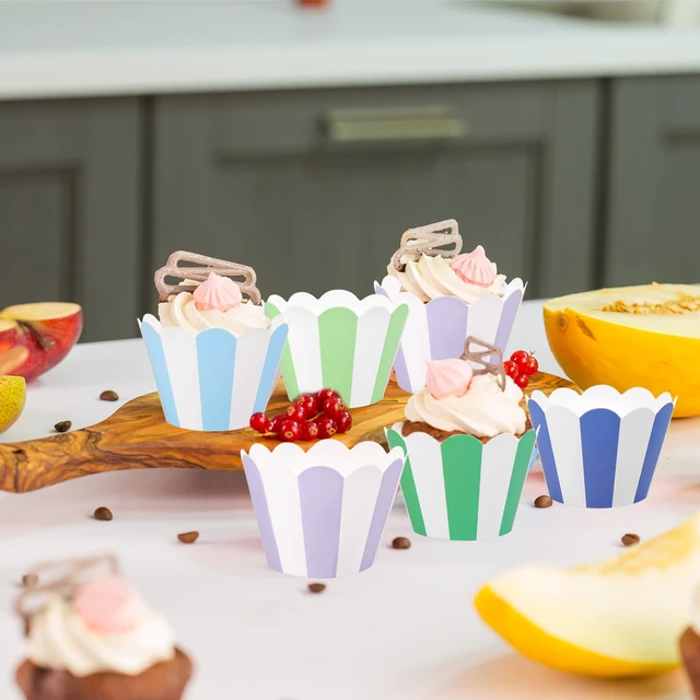 Alt view image 6 of 7 - 48Pcs Colorful Striped Cupcake Wrappers Paper Cupcake Liners Scalloped Dessert Holders for Birthday Baby Shower Wedding Party Supplies, 8 Designs