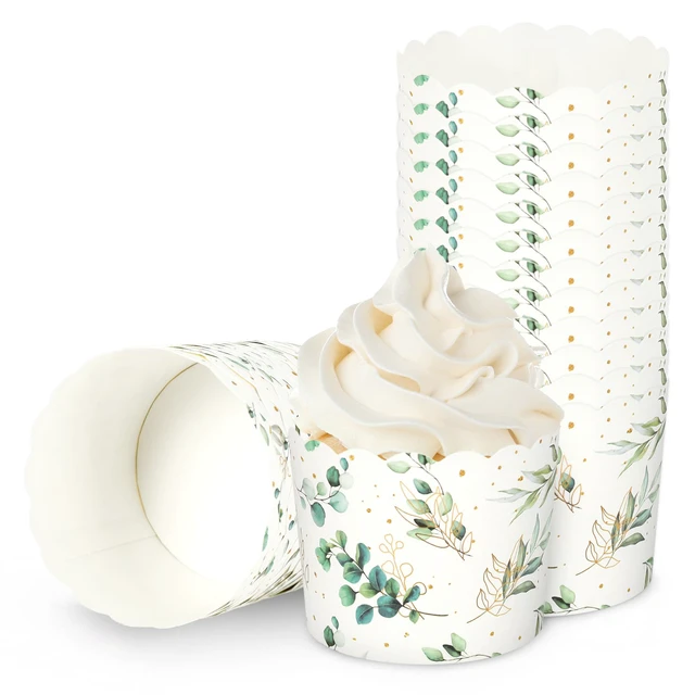 Main image of 100Pcs Eucalyptus Leaf Paper Baking Cups Green Gold Foil Leaves Cupcake Wrappers Scalloped Edge Cupcakes Muffin Cases for Wedding Birthday Party