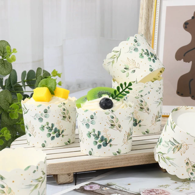 Alt view image 3 of 7 - 100Pcs Eucalyptus Leaf Paper Baking Cups Green Gold Foil Leaves Cupcake Wrappers Scalloped Edge Cupcakes Muffin Cases for Wedding Birthday Party