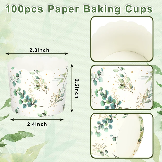 Alt view image 2 of 7 - 100Pcs Eucalyptus Leaf Paper Baking Cups Green Gold Foil Leaves Cupcake Wrappers Scalloped Edge Cupcakes Muffin Cases for Wedding Birthday Party