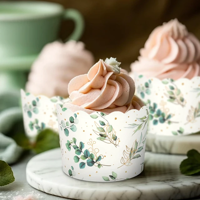 Alt view image 4 of 7 - 100Pcs Eucalyptus Leaf Paper Baking Cups Green Gold Foil Leaves Cupcake Wrappers Scalloped Edge Cupcakes Muffin Cases for Wedding Birthday Party