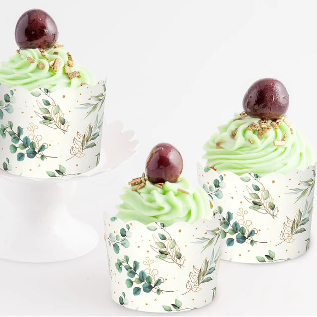 Alt view image 7 of 7 - 100Pcs Eucalyptus Leaf Paper Baking Cups Green Gold Foil Leaves Cupcake Wrappers Scalloped Edge Cupcakes Muffin Cases for Wedding Birthday Party