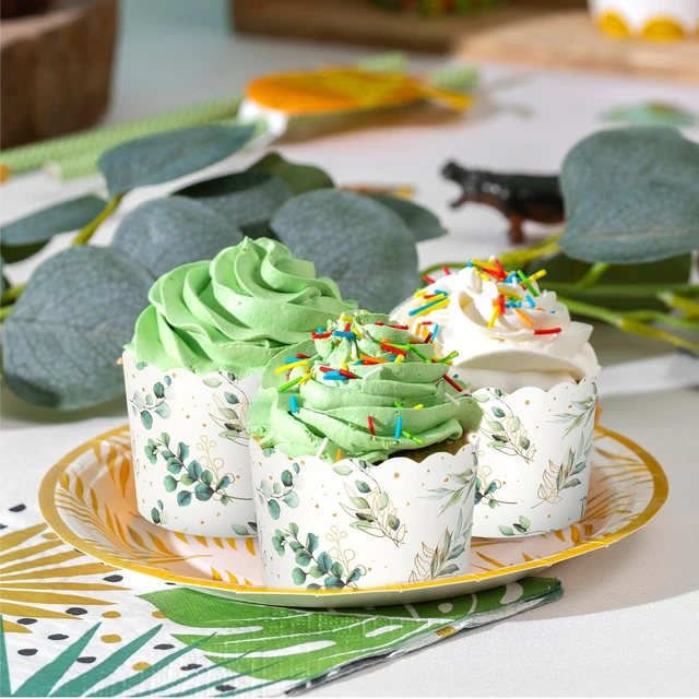 Alt view image 6 of 7 - 100Pcs Eucalyptus Leaf Paper Baking Cups Green Gold Foil Leaves Cupcake Wrappers Scalloped Edge Cupcakes Muffin Cases for Wedding Birthday Party