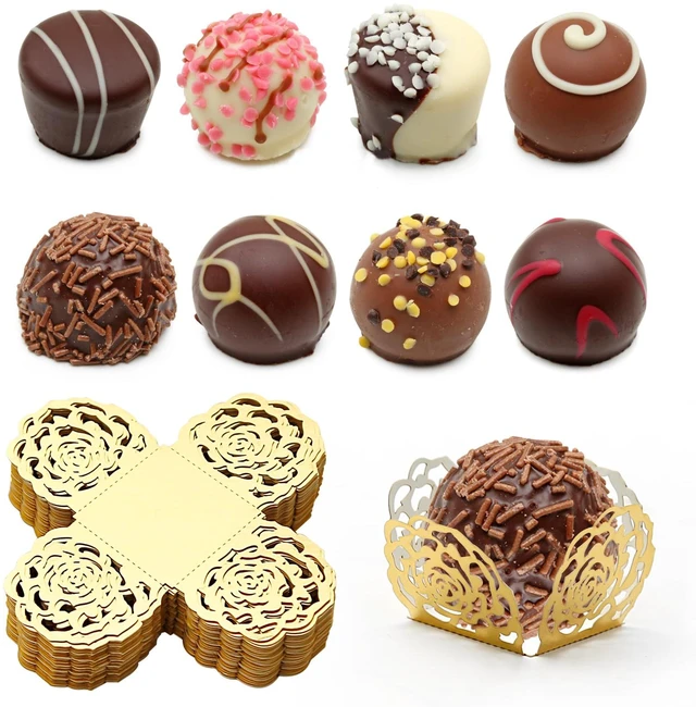 Main image of 50pcs Gold Truffle Wrappers Flared Paper Baking Cups for Chocolates Candy, Versatile Liners for Muffins Cupcakes, Ideal for Birthday Wedding Party Decor, Greaseproof & Easy to Use