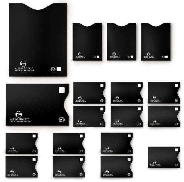 Main image of RFID Blocking Sleeves, Credit Card Protector, Passport Sleeve | 18-piece: 14 black card protector sleeves, fits debit, ID cards, all top-load; 4 passport; 13.56 MHz NFC blocker