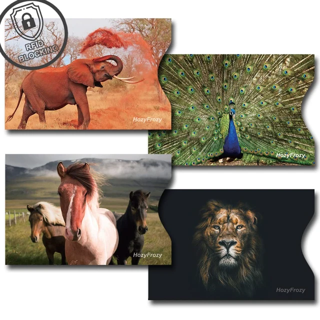 Alt view image 3 of 7 - 8 RFID Blocking Sleeves, Credit Card Protector, Anti-Theft Credit Card Holder, with Lion, Horses, Elephant, Dolphins, Cow, Peacock, Polar Bears and Raccoon Prints