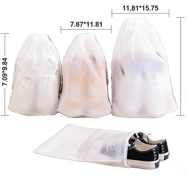 Alt view image 2 of 6 - 15-Piece Travel Storage Bags, White Frosted, 3 Sizes | Drawstring Closure, For Gym Clothes, Underwear, Shoes, 5 Pieces Each Size, 15.7 x 11.8 in; 7.9 x 11.8 in; 7.0 x 9.8 in