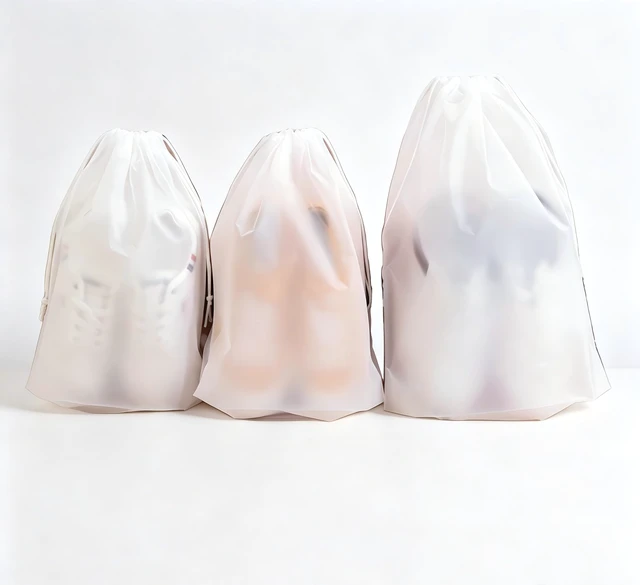 Alt view image 3 of 6 - 15-Piece Travel Storage Bags, White Frosted, 3 Sizes | Drawstring Closure, For Gym Clothes, Underwear, Shoes, 5 Pieces Each Size, 15.7 x 11.8 in; 7.9 x 11.8 in; 7.0 x 9.8 in
