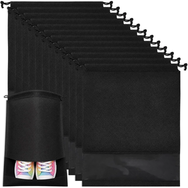 Main image of 12 Pcs Black Shoe Bags for Travel Storage Packing Sneakers Beach | 12.6x17.3 in Large Drawstring Shoe Bags with Clear Window for Women Men, Travel Beach Essentials, Dustproof Shoe Storage Bag