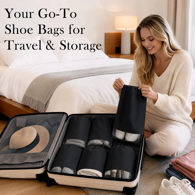 Alt view image 2 of 6 - 12 Pcs Black Shoe Bags for Travel Storage Packing Sneakers Beach | 12.6x17.3 in Large Drawstring Shoe Bags with Clear Window for Women Men, Travel Beach Essentials, Dustproof Shoe Storage Bag