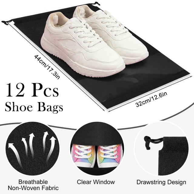 Alt view image 3 of 6 - 12 Pcs Black Shoe Bags for Travel Storage Packing Sneakers Beach | 12.6x17.3 in Large Drawstring Shoe Bags with Clear Window for Women Men, Travel Beach Essentials, Dustproof Shoe Storage Bag