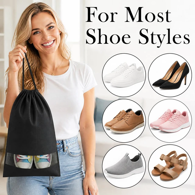 Alt view image 4 of 6 - 12 Pcs Black Shoe Bags for Travel Storage Packing Sneakers Beach | 12.6x17.3 in Large Drawstring Shoe Bags with Clear Window for Women Men, Travel Beach Essentials, Dustproof Shoe Storage Bag