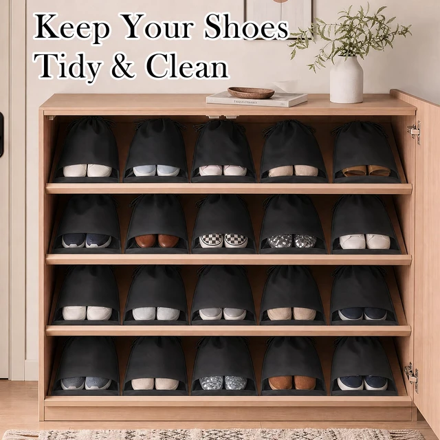 Alt view image 5 of 6 - 12 Pcs Black Shoe Bags for Travel Storage Packing Sneakers Beach | 12.6x17.3 in Large Drawstring Shoe Bags with Clear Window for Women Men, Travel Beach Essentials, Dustproof Shoe Storage Bag