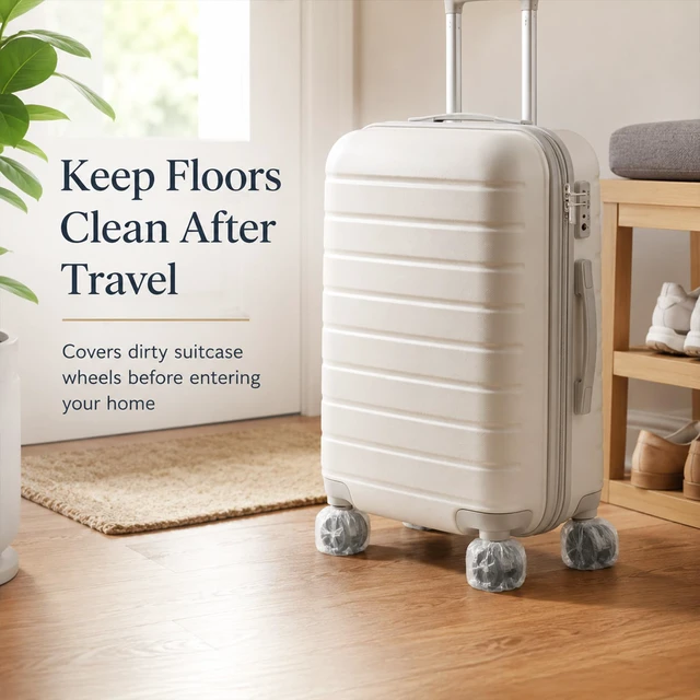 Alt view image 7 of 7 - Luggage Wheel Covers - 200 Pack Suitcase Wheel Covers | Disposable PE Luggage Wheel Protector Keep Floors, Cars & Storage Clean, Fitting Most Spinner Wheels for Travel and Home Use