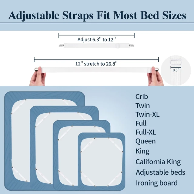 Alt view image 2 of 7 - Sheet Straps, Adjustable Elastic Bed Sheet Holder, 4pcs White | Keep Sheet Firm & Tight, Non-Slip Strong Gripping Sheet Clips, Max Stretch 26.8'' for Crib to King Size Bed, Easy to Install