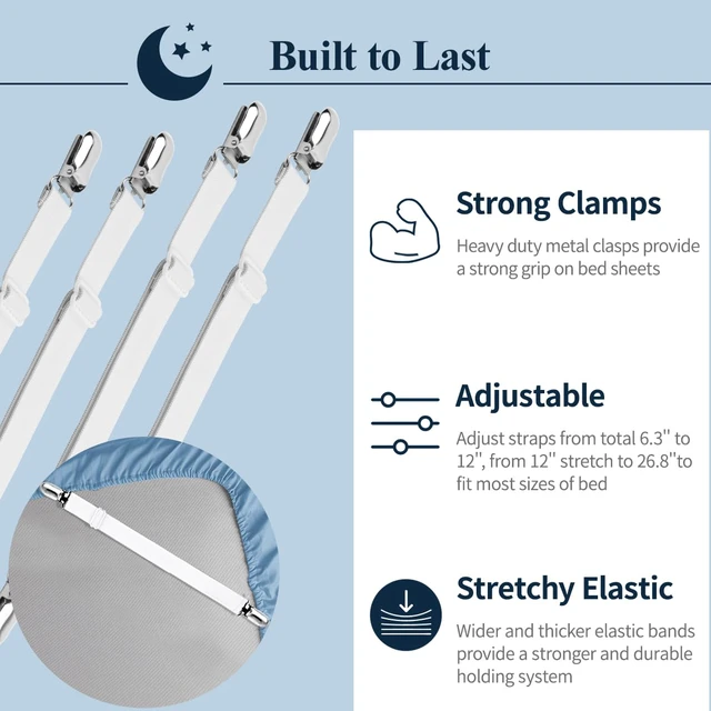 Alt view image 3 of 7 - Sheet Straps, Adjustable Elastic Bed Sheet Holder, 4pcs White | Keep Sheet Firm & Tight, Non-Slip Strong Gripping Sheet Clips, Max Stretch 26.8'' for Crib to King Size Bed, Easy to Install