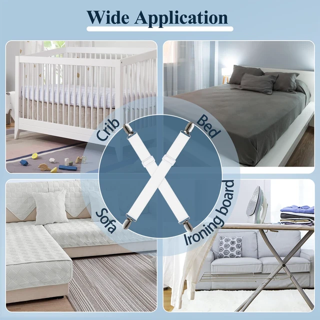 Alt view image 5 of 7 - Sheet Straps, Adjustable Elastic Bed Sheet Holder, 4pcs White | Keep Sheet Firm & Tight, Non-Slip Strong Gripping Sheet Clips, Max Stretch 26.8'' for Crib to King Size Bed, Easy to Install