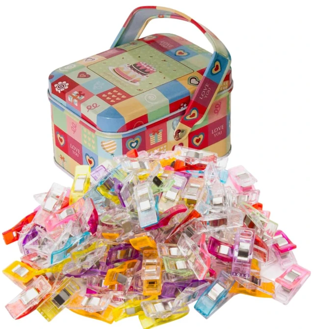 Main image of Sewing Clips with Tin Box,100 PCS Fabric Clips for Quilting & Binding | 100 colorful reusable clips with a tin box hold fabric without pinholes for sewing, quilting, binding and crafts.