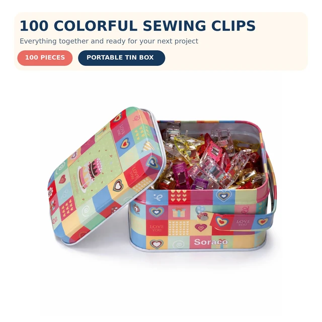 Alt view image 2 of 6 - Sewing Clips with Tin Box,100 PCS Fabric Clips for Quilting & Binding | 100 colorful reusable clips with a tin box hold fabric without pinholes for sewing, quilting, binding and crafts.