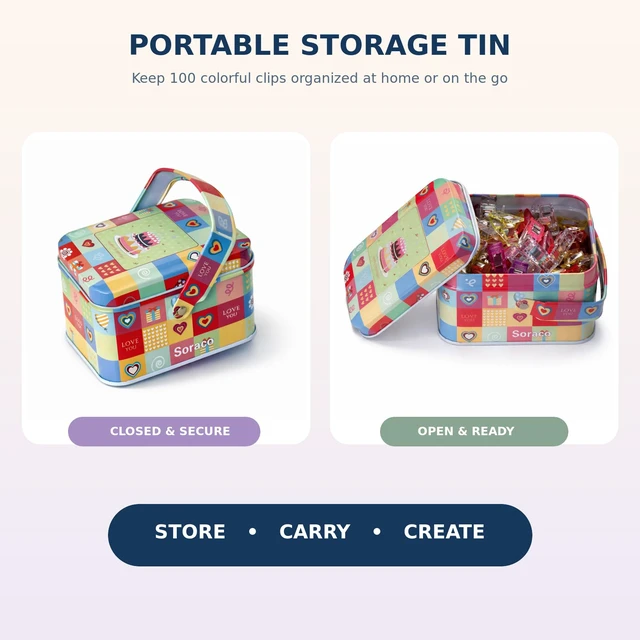 Alt view image 6 of 6 - Sewing Clips with Tin Box,100 PCS Fabric Clips for Quilting & Binding | 100 colorful reusable clips with a tin box hold fabric without pinholes for sewing, quilting, binding and crafts.