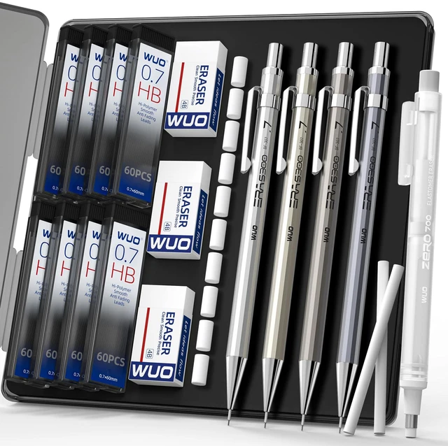 Main image of 0.7mm Metal Mechanical Pencil Set, 4-Pack with Eraser Pen and Case | 480 HB Lead Refills, 3 Erasers + 10 Eraser Refills, Medium Point, for Writing, Drawing, Drafting, Sketching
