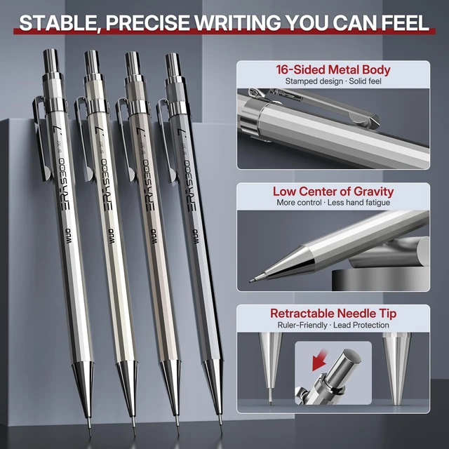 Alt view image 3 of 7 - 0.7mm Metal Mechanical Pencil Set, 4-Pack with Eraser Pen and Case | 480 HB Lead Refills, 3 Erasers + 10 Eraser Refills, Medium Point, for Writing, Drawing, Drafting, Sketching