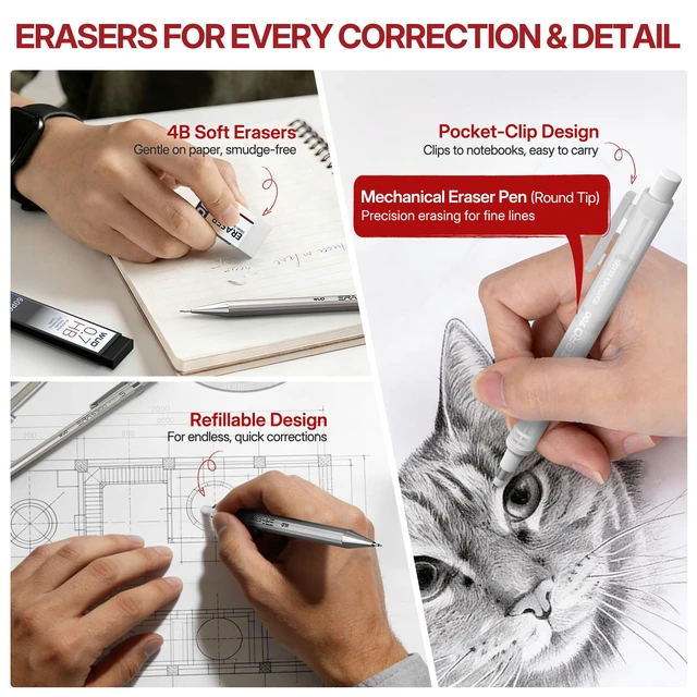 Alt view image 2 of 7 - 0.7mm Metal Mechanical Pencil Set, 4-Pack with Eraser Pen and Case | 480 HB Lead Refills, 3 Erasers + 10 Eraser Refills, Medium Point, for Writing, Drawing, Drafting, Sketching