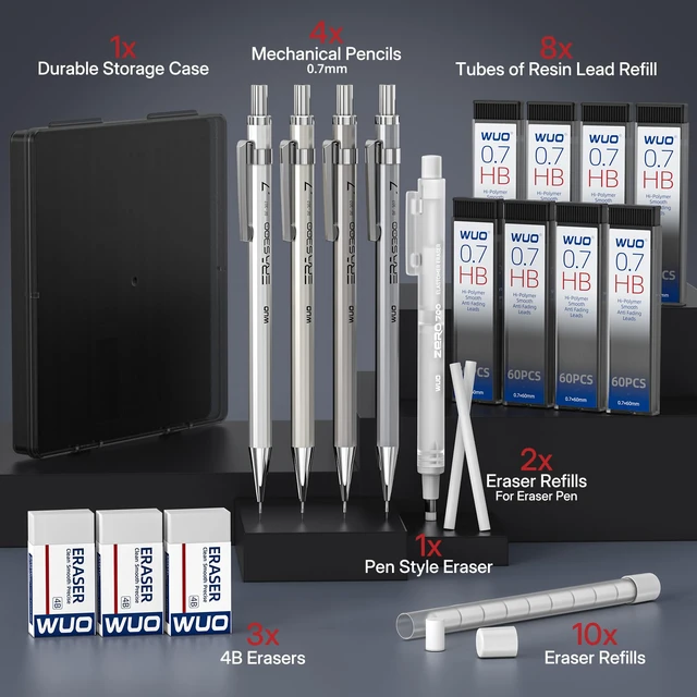 Alt view image 7 of 7 - 0.7mm Metal Mechanical Pencil Set, 4-Pack with Eraser Pen and Case | 480 HB Lead Refills, 3 Erasers + 10 Eraser Refills, Medium Point, for Writing, Drawing, Drafting, Sketching