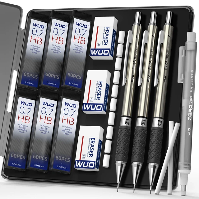 Main image of 0.7 mm Mechanical Pencil Set with Eraser Pen Storage Case, 3 PCS | Metal Drafting Pencils, 360 HB Lead Refills, 3x4B Erasers, 12 Eraser Refills for School Artist Writing Drawing Sketching