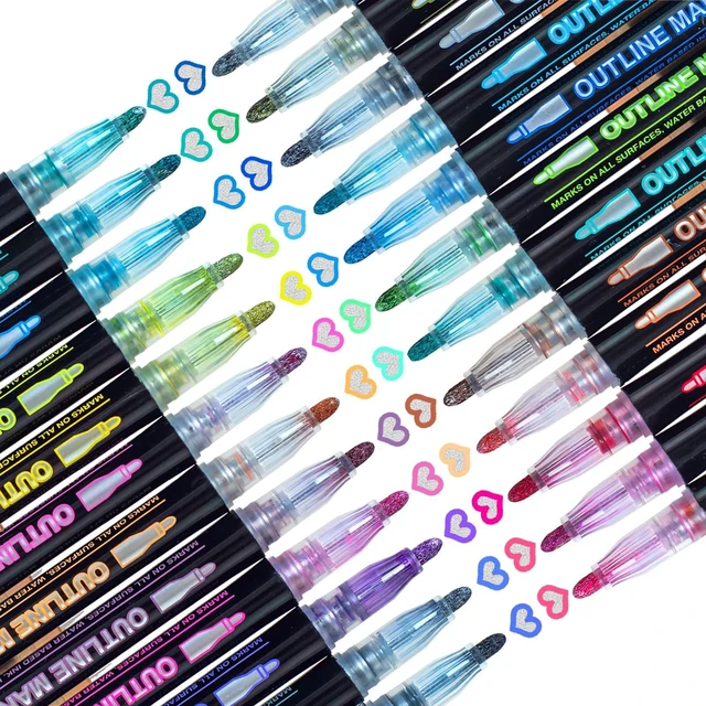 Main image of Muchcute 24 Outline Markers Glitter Pens: Arts Crafts Kids 4-12 Girls Gifts | Metallic Double Line Self Outlining Sparkle Outliner Shimmer