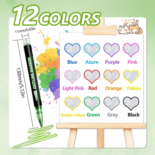 Alt view image 2 of 7 - Outline Shimmer Markers,12 Colors Glitter Markers Outline Glitter Pens,Gel Pens for Coloring,Metallic Marker Pen for Gifts Birthday, Trendy Stuff for Art Supplies,Painting