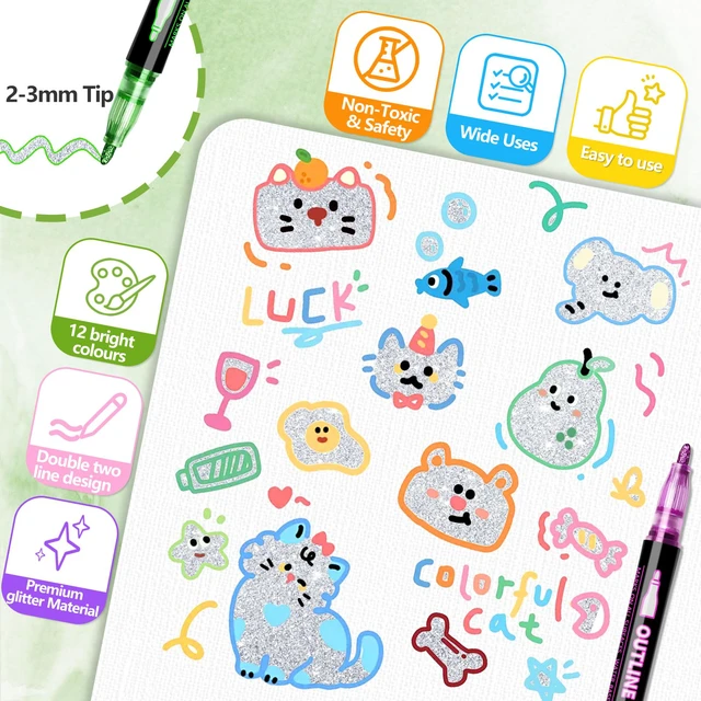 Alt view image 3 of 7 - 36 Colors Glitter Markers Outline Glitter Pens,Shimmer Metallic Markers for Painting Coloring,Waterproof Glitter Gel Pens for Art Supplies,Arts and Crafts for Gift Kids Journaling Writing Card Making