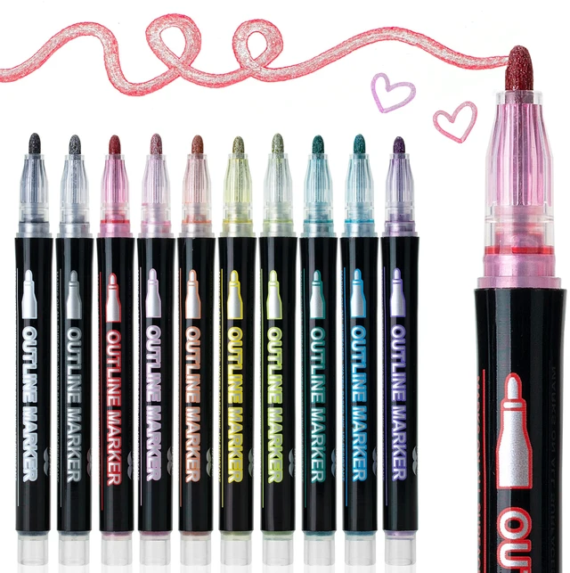 Main image of Double Line Outline Markers, 10 Pack, Metallic Colors | Squiggles Shimmer Outline Pens, Craft Markers for Drawing, Doodling, Card Making and DIY Projects